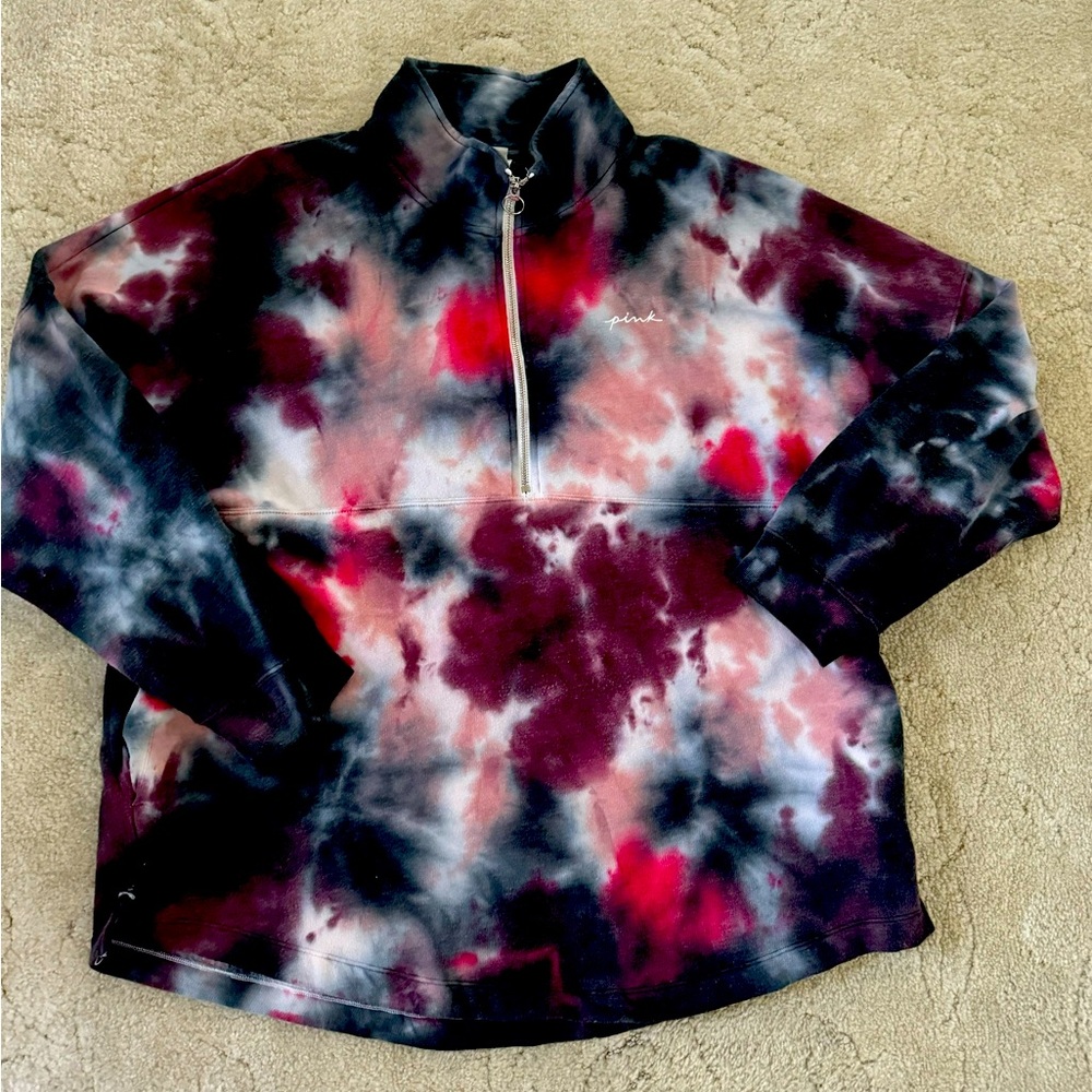 Victoria Secret Pink Womens 1/4 Zip sweatshirt Pullover Tie Dye Oversized Large